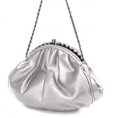Evening Bag - PU Leather w/ Glass Beads on Top - Silver - BG-43312SV